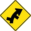 (W2-11) Staggered side road intersection, first from left on a curve to right