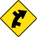 (W2-12) Staggered side road intersection, first from right on a curve to right