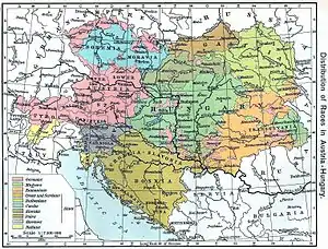 1911 map depicting the Austro-Hungarian Empire, with Ruthenians in light green