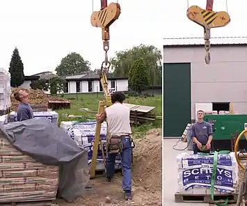 Cranes can mount many different fittings, such as hooks, blocks, spreader bars, and "choker" lines, depending on load (left). Cranes can be remote-controlled from the ground, allowing much more precise control, at the expense of the view from atop the crane (right).