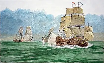 Ganj-i-Sawai being chased by Every's fleet. The ship is mistakenly depicted as an East Indiaman.