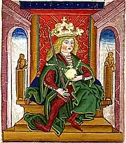 Chronica Hungarorum, Thuróczy chronicle, King Béla I of Hungary, throne, crown, orb, scepter, medieval, Hungarian chronicle, book, illustration, history