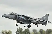 Harrier GR9 showing the lift improvement devices, large ventral strakes and a retractable dam behind nosewheel