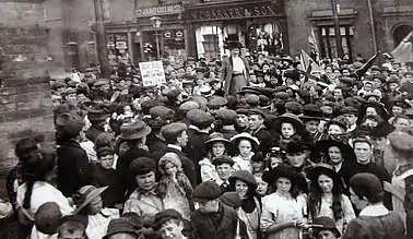 Mary Macarthur addressing the crowds during the chainmakers' strike, Cradley Heath 1910