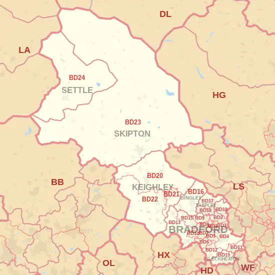 BD postcode area map, showing postcode districts, post towns and neighbouring postcode areas.