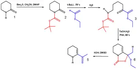 Schematic: synthesis of 6-acetyl-1,2,3,4-tetrahydropyridine