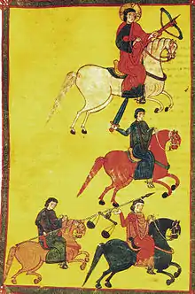 Earliest European depiction of cavalry using crossbows, from the Catalan manuscript Four Horsemen of the Apocalypse, 1086.