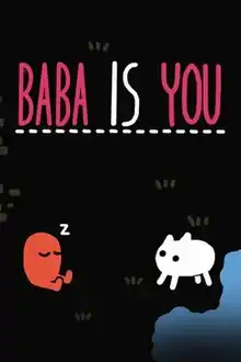 The phrase "Baba Is You" written in all caps in a hand-written style, similar to penciled-in block letters. "Baba" and "You" is in pink, while the "Is" is white.