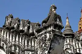 Leographic statues line the rooftop at Bagan's Ananda Temple