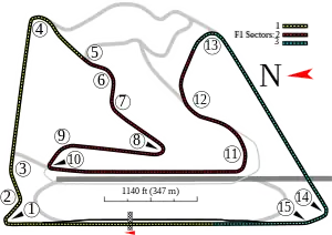 A map of the Sakhir circuit, which runs clockwise and has 15 turns