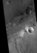 Bahram Vallis, as seen by HiRISE.  Rotational landslides (slumps) are visible at the base of north wall