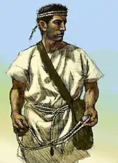 colour sketch of a rough-looking man carrying a sling