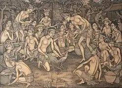 Traditional Balinese painting depicting cockfighting.