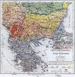 Ethnographic map of the Balkans by the pro-Greek A. Synvet of 1877, a French professor of the Ottoman Lyceum of Constantinople