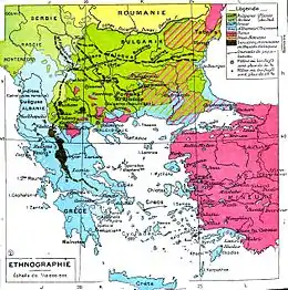 French ethnographic map of the Balkans by Paul Vidal de la Blache showing the Bulgarian population in Eastern Thrace