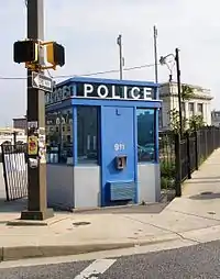 A modern police box in Baltimore, Maryland; based on the British concept