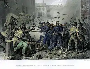 A color sketch depicting a riot in an urban setting. In the center of the scene is a small group of soldiers wearing blue uniforms and carrying muskets with fixed bayonets. The mob attacking the soldiers carries bats, pick axes and other weapons. Bricks and debris are flying in the air.