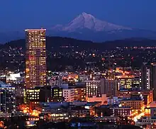 The U.S. Bancorp Tower with Mount Hood in the background