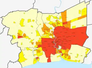 A map of the Bangkok Metropolitan Region. The red are city-level municipalities and Bangkok's 50 districts. The orange is the town-level municipalities. The yellow are township-level municipalities.