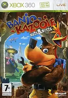 Banjo is an anthropomorphic cartoon bear with crossed arms, holding a wrench, and wearing yellow shorts and a blue backpack; Kazooie is an anthropomorphic red bird who lives in Banjo's backpack. They look at the viewer, smiling, while standing in a workshop. Outside the workshop behind them, the witch Gruntilda looks in while holding a blueprint. The logo "Banjo-Kazooie: Nuts & Bolts" sits above them, while small E10+, Rare, and Microsoft logos are on the bottom.