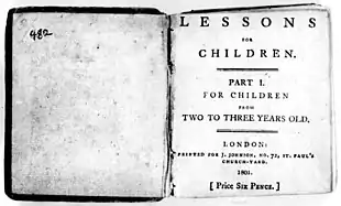 Page reads "Lessons for Children. Part I. For Children from Two to Three Years Old. London: Printed for J. Johnson, No. 72, St. Paul's Church-Yard. 1801. [Price six Pence.]"