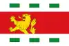 A flag divided in three horizontal bands. The red center band is wider and contains the top half of a gold lion rampant on the left. The top and bottom white bands contain three equally spaced green rectangles each.