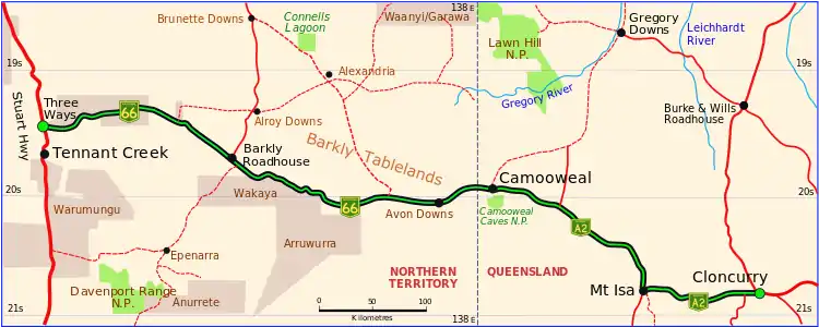 Barkly Highway in Queensland and the Northern Territory (green and black)