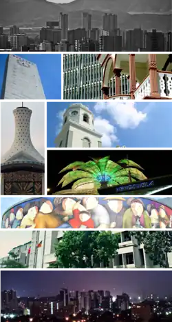 Top:Skyline view of West Barrio Nuevo area, Second:Obelisk of Barquisimento, Barquisimento Municipal Tower and Casa de Eustaquio Gomez (Eustaquio Gomez House), (left to right) Third:Barquisimento Metropolitan Cathedral, Santa Rosa Church, Flower of Venezuela, (left to lower right) Fourth:Centroccidential Lisandro Alvarado University, Fifth:Barquisimento Government Palace, Bottom:Night view of central Carrera area