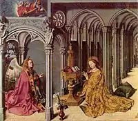 The Aix Annunciation, generally attributed to Barthélemy van Eyck, presumed to be related to Jan, with many similarities in the treatment.