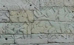 Cambodian soldier uses a thrust kick to the chest of a Cham soldier.  Thrust kicks are still used in pradal serey matches today. Bas-relief at the Banteay Chhmar(12th/13th century).