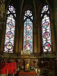 Chapel of the Holy Cross, with Chinese banners