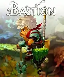 A white-haired young man sits on a floating piece of grass, looking to the left. He is holding a giant gear and has a large hammer strapped to his back. "Bastion" is written in white above his head.