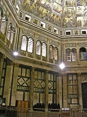 Interior of the Baptistery of St John, Florence, showing polychrome marble veneer and gold mosaics