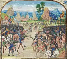 A colourful and stylised picture of a late-medieval battle