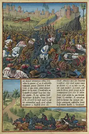 A dozen armed horsemen fight against each other on a field covered by bodies at a large castle on a hill