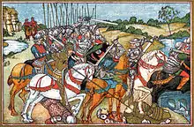 Mounted knights chase their enemies off to the right, across a river.