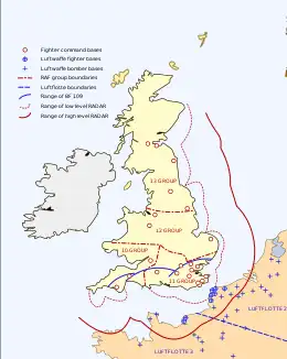 A map of Great Britain showing the range of its radar. The ranges reach out into the North Sea, English Channel and over northern France