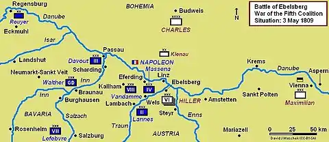 Battle of Ebelsberg, 3 May 1809, campaign map