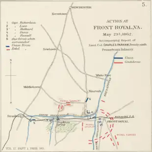 Map of the Front Royal fighting. Union troops start to the south, and then fall back across to rivers to a hill. Confederates surround the town of Front Royal.