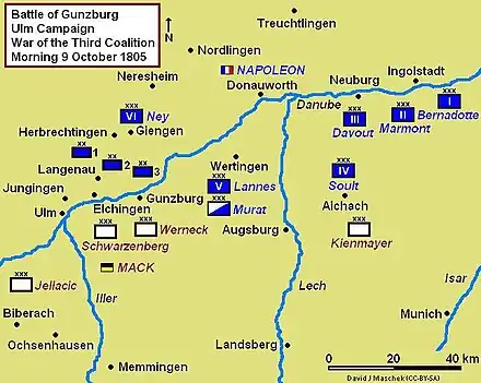 Battle of Gunzburg strategic map, situation morning 9 October 1805