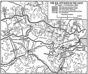 Topographic map showing North Korean units advancing along a coastal area