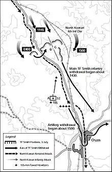 Map of a group of US positions on two hills north of a town, with movements of large Chinese forces moving south and enveloping them