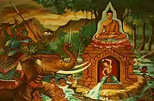 Painting in a Laotian wat. Buddha during the battle with Mara pointing towards the earth, summoning Phra Mae Thorani to come to his assistance