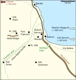 A large scale coloured map showing the Egyptian–Libyan border near the coast; dotted lines identify the border and frontier barbed wire fence while black dots represent important places and towns.