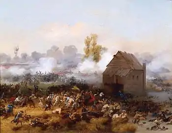 Painting by Alonzo Chappel, 1858, showing the frantic battle scene of the Battle of Long Island, with smoke in the background