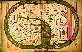 The world map from the Saint-Sever Beatus measuring 37 X 57 cm. This was painted c. 1050 as an illustration to Beatus' work at the Abbey of Saint-Sever in Aquitaine, on the order of Gregori de Montaner, Abbot from 1028 to 1072