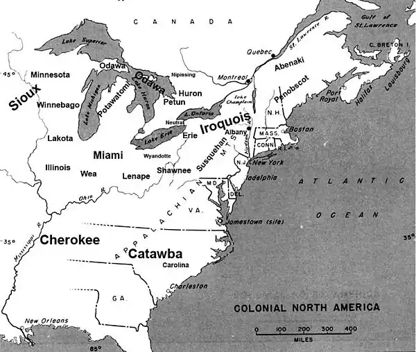 Map showing the approximate location of major tribes and settlements around 1648Jennings, p. 15 & 26