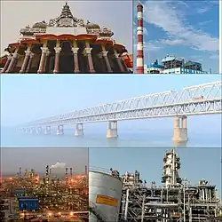 From top left to right: Naulakha Temple;NTPC, Barauni ;Rajendra Setu; Barauni Refinery;HURL, Barauni Fertilizer