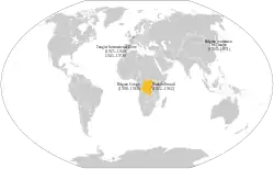 Map of Belgium's colonies at their maximum extent in the interwar period.