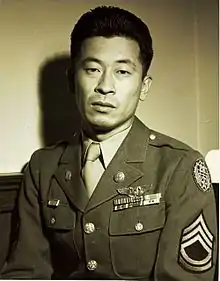 Technical Sergeant Ben Kuroki shown wearing Distinguished Flying Cross (×3), Air Medal with oak leaf clusters (×5) and service medals for World War II service